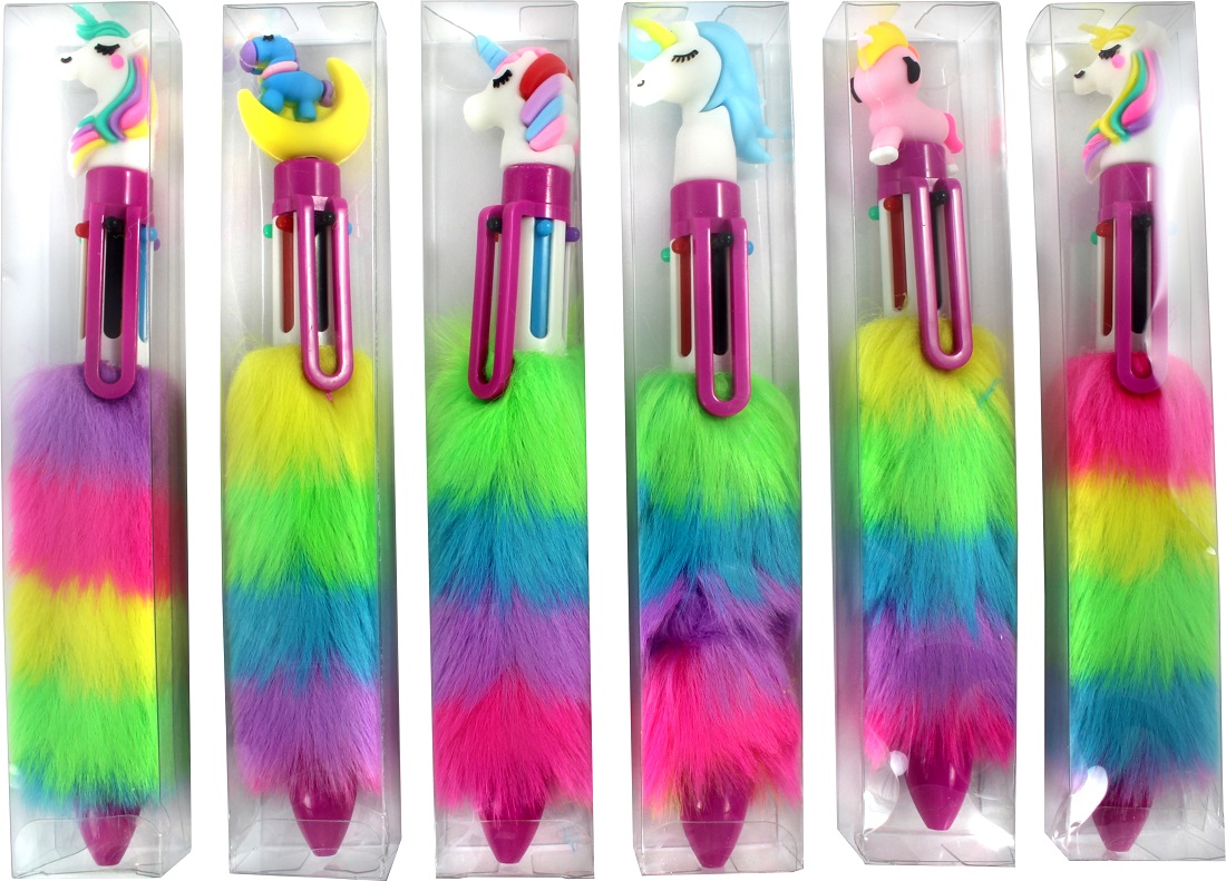 Preispirat24 Tankstellenbedarf Großhandel - Rainbow Kugelschreiber 6-farbig  mit Plüsch Griff und süßen Figuren 6/s in 24er T
